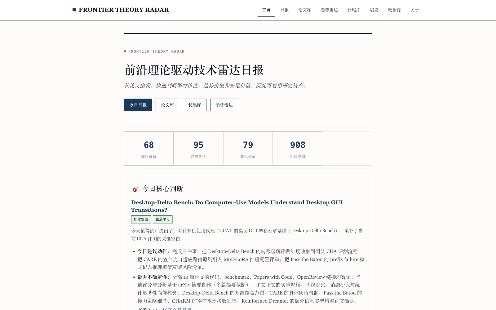 前沿理论雷达 产品界面